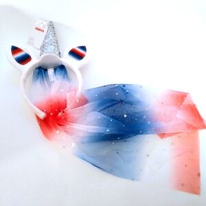 Claire's Unicorn Headband Girls Patriotic American Red White Blue Glitter Veil